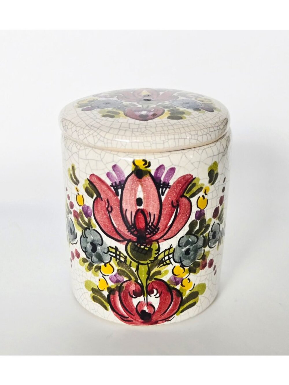 Hand-Painted Floral Jar With Lid – Cracked Glaze Vintage Style Signed Trinket Bo